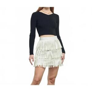 NEW JADE BY JANE faux leather fringe mini skirt in white